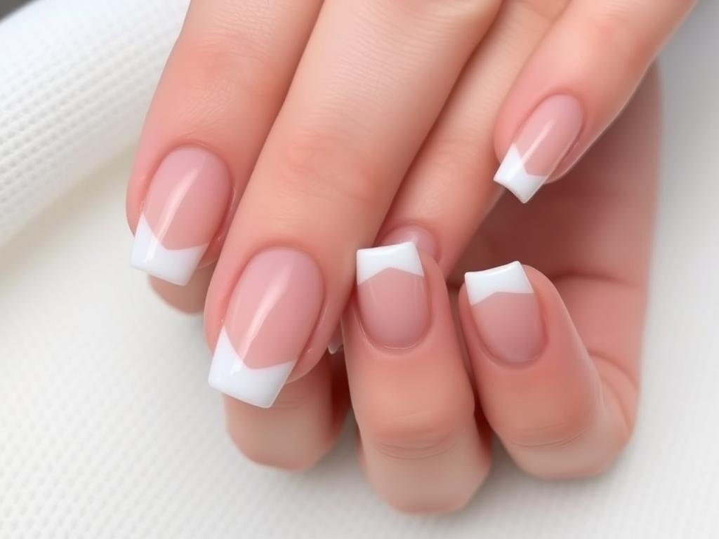 Square french tip acrylic nails with thin white line tips