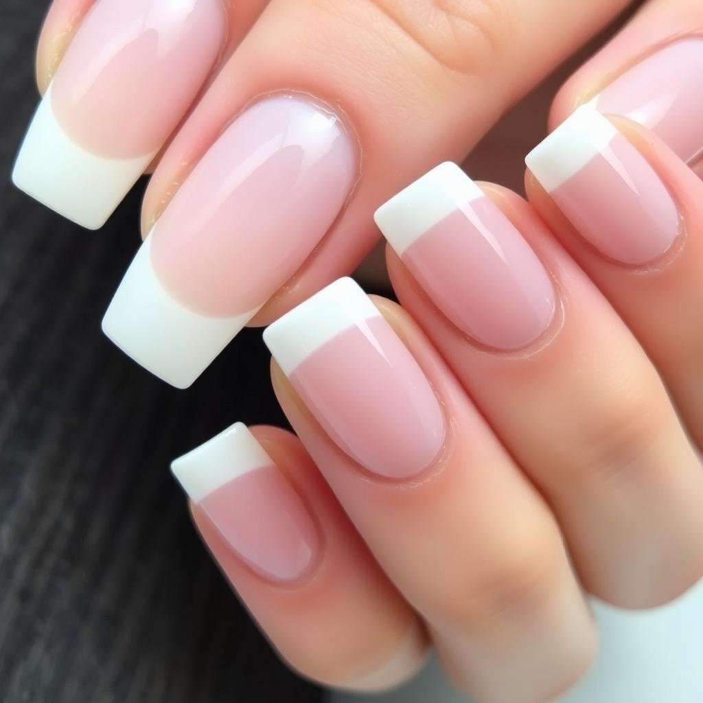 Square shaped french tip acrylic nails with classic white tips