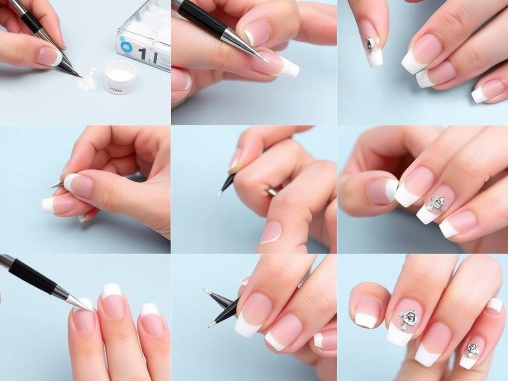 Step-by-step application of french tip acrylic nails with design elements