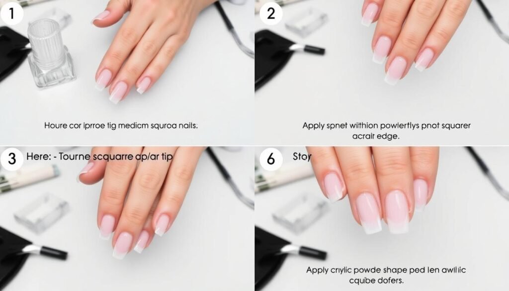 Step-by-step application of medium square acrylic nails