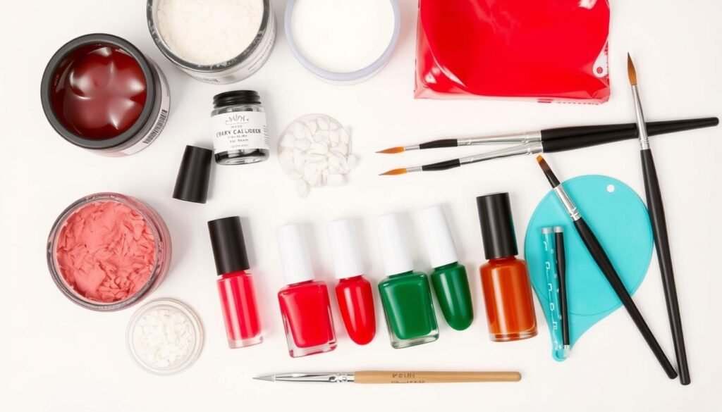 Step-by-step cherry acrylic nails application process showing materials and techniques