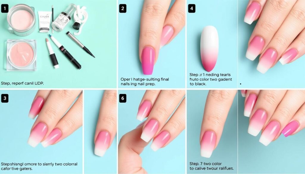 Step-by-step demonstration of creating ombre acrylic nails