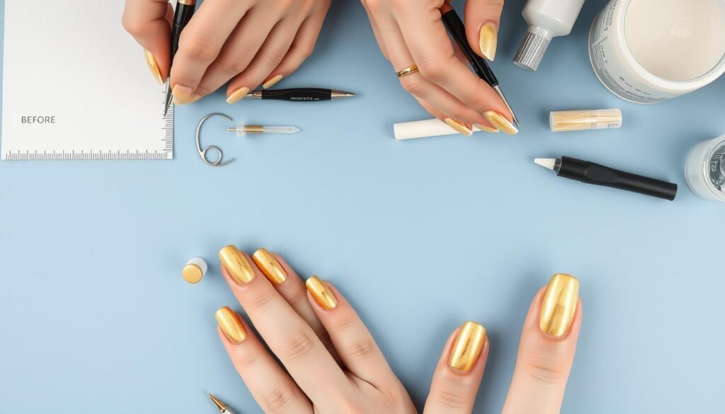 Step-by-step gold acrylic nail application process