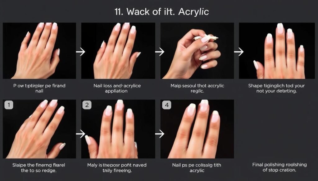 Step-by-step process of applying duck nails acrylic showing preparation, application and finishing