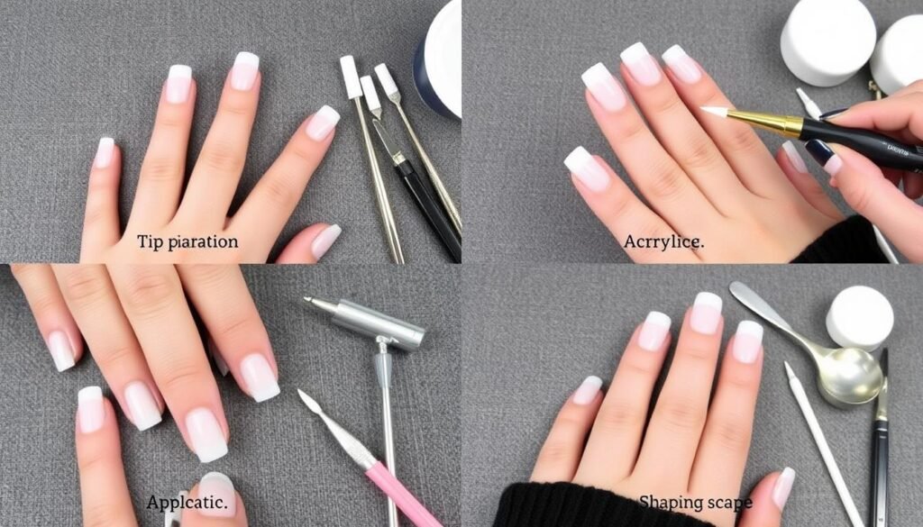 Step-by-step process of applying long square acrylic nails at home