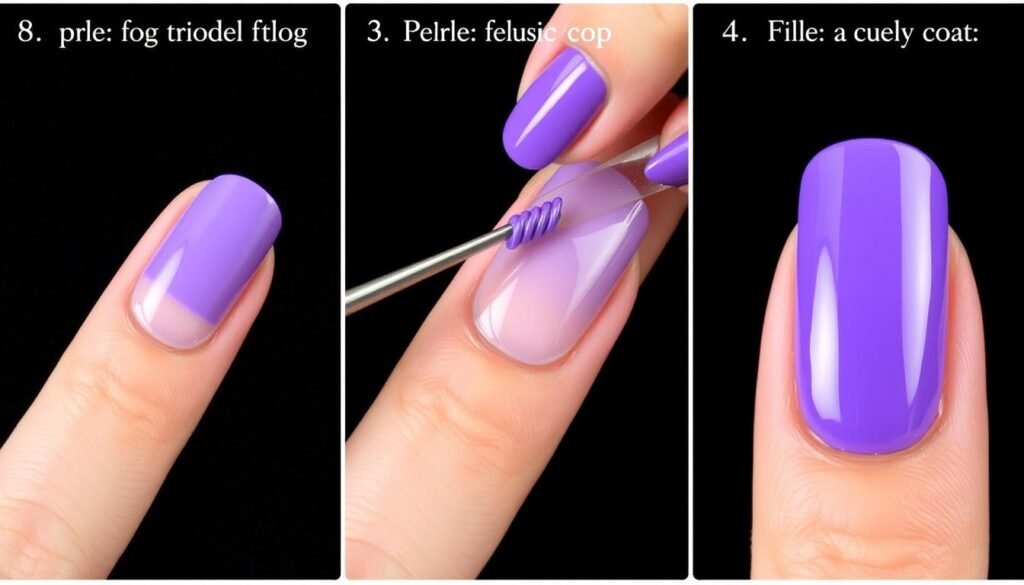 Step-by-step process of applying purple acrylic on nails