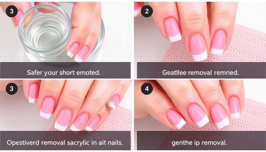 Step-by-step removal of short french tip acrylic nails pink