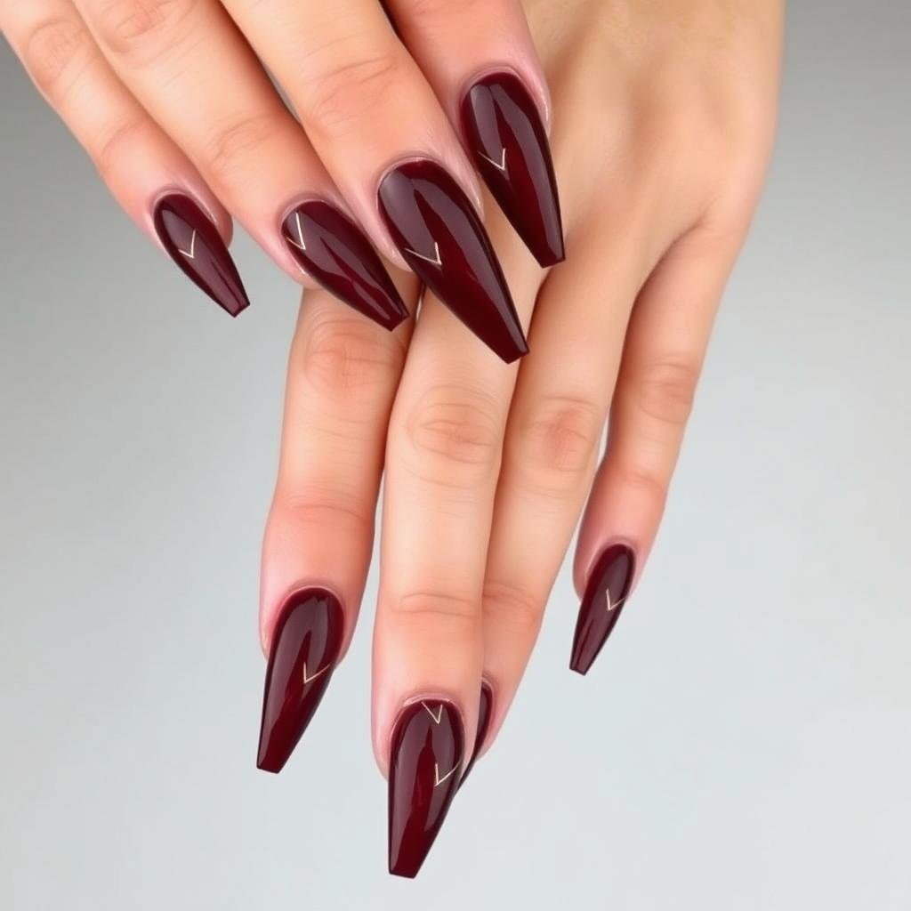 Stiletto prom acrylic nails in burgundy with gold accents