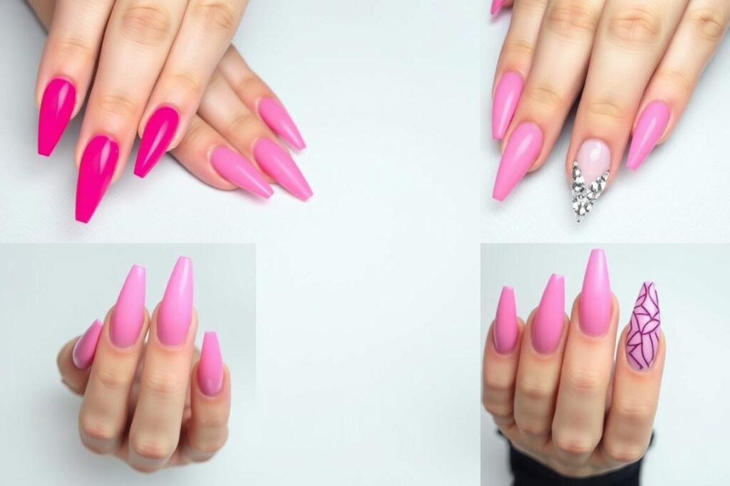 Stiletto shaped pink acrylic nails in various designs