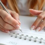 Student with back to school acrylic nails writing in notebook