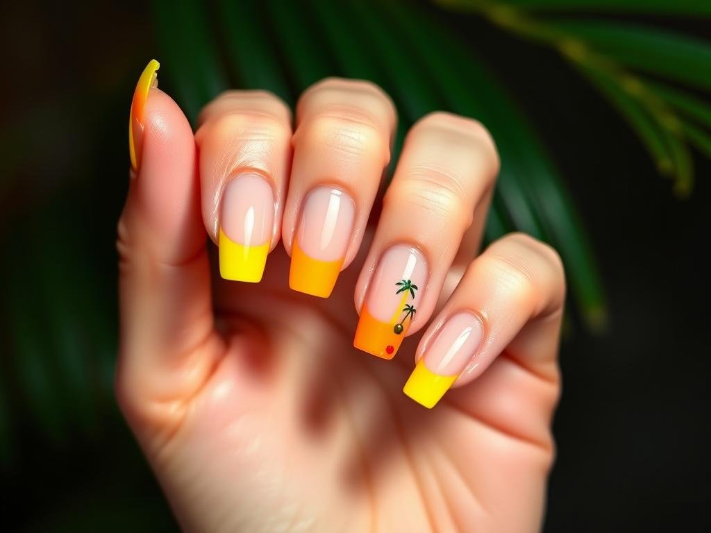 Summer french tip acrylic nails with design featuring bright colors