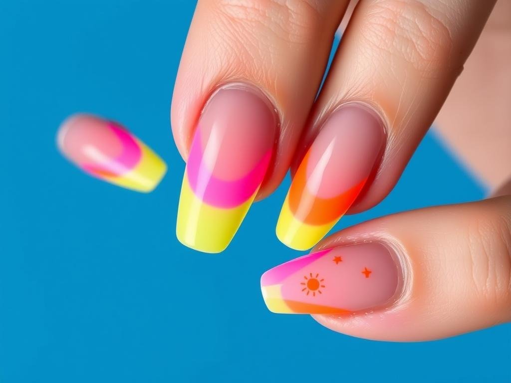 Summer neon french tip acrylic nails with bright colors and small design elements