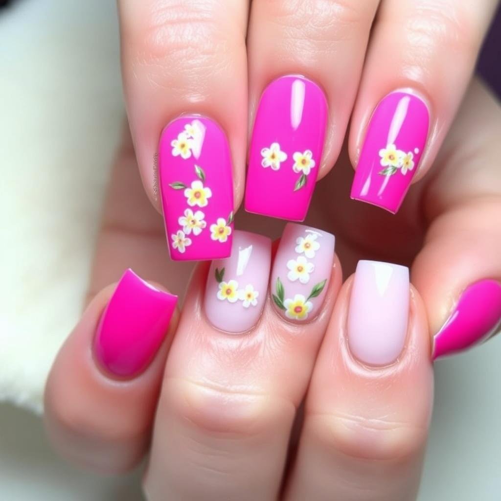 Summer pink acrylic nails with tropical flower designs