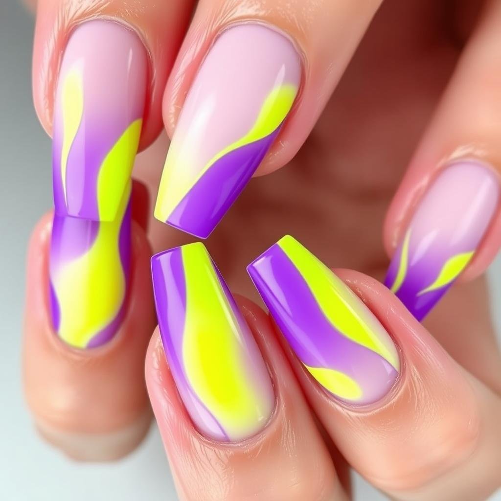 Summer purple acrylic nails with neon accents
