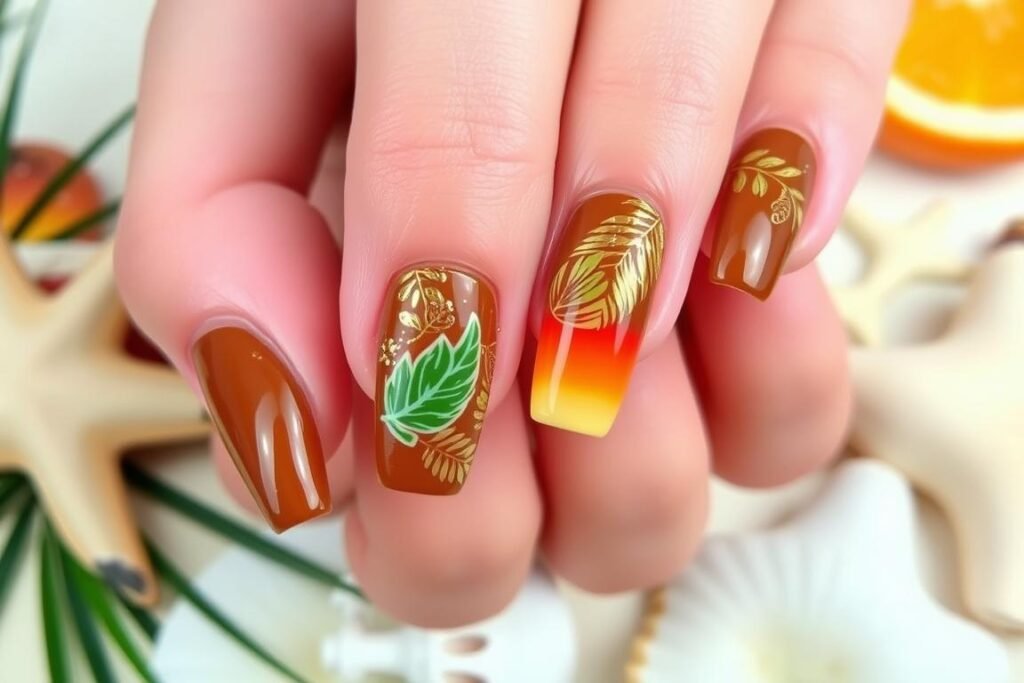Summer-ready brown acrylic nails with tropical designs
