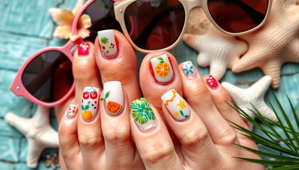 Summer-themed acrylic toe nails with bright colors and tropical designs