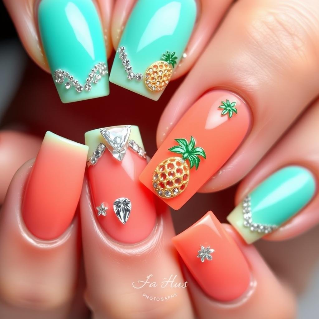 Summer-themed bling acrylic nails with bright colors and tropical rhinestone designs