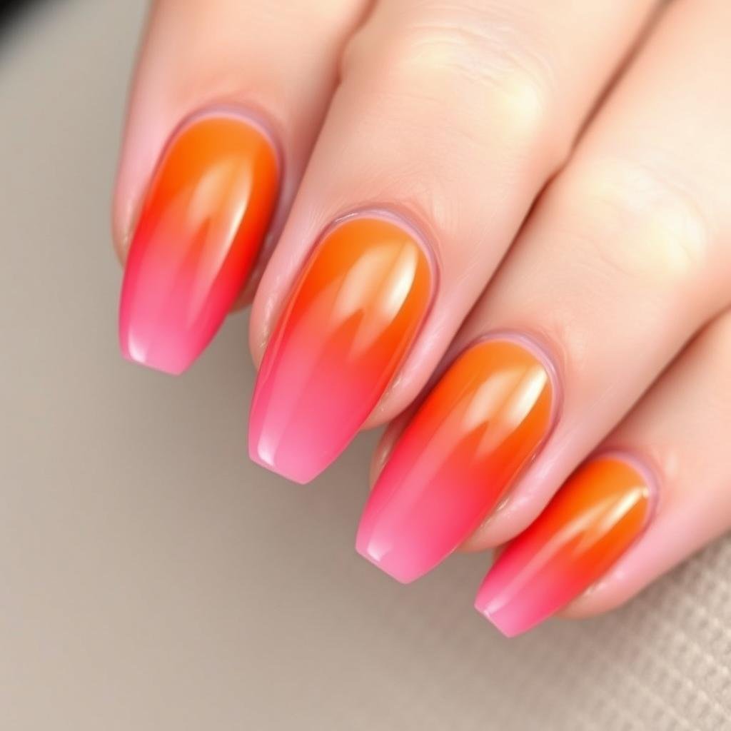 Sunset-inspired orange to pink ombre acrylic nails