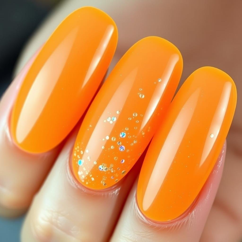 Tangerine jelly acrylic nails with glitter accents