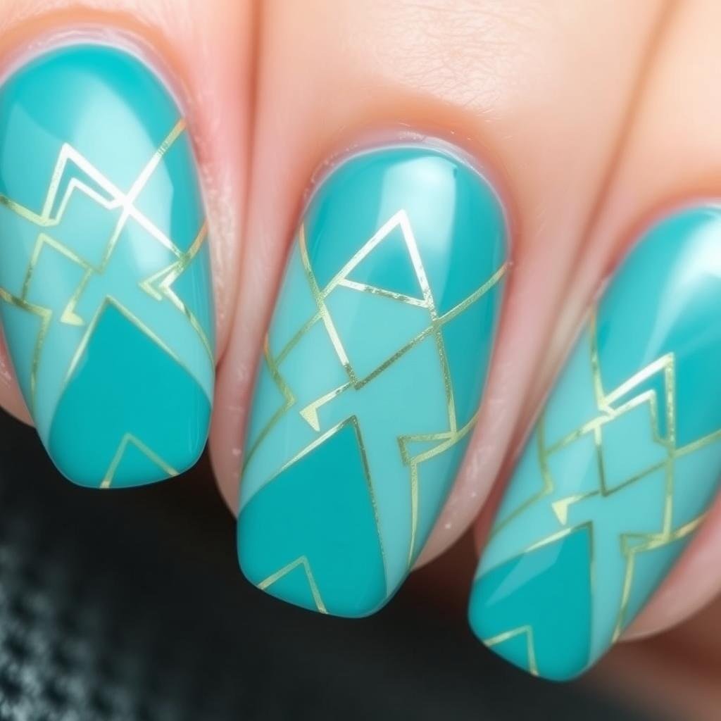 Teal blue acrylic nails with geometric pattern