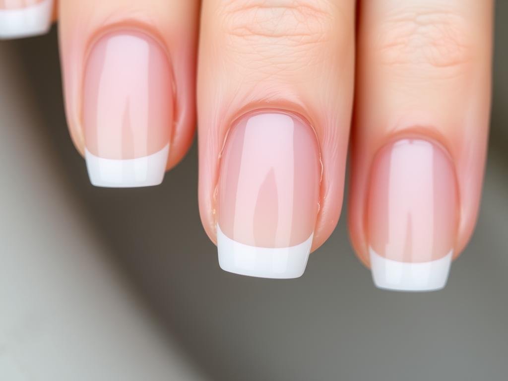 Thin line French manicure on natural looking acrylic nails