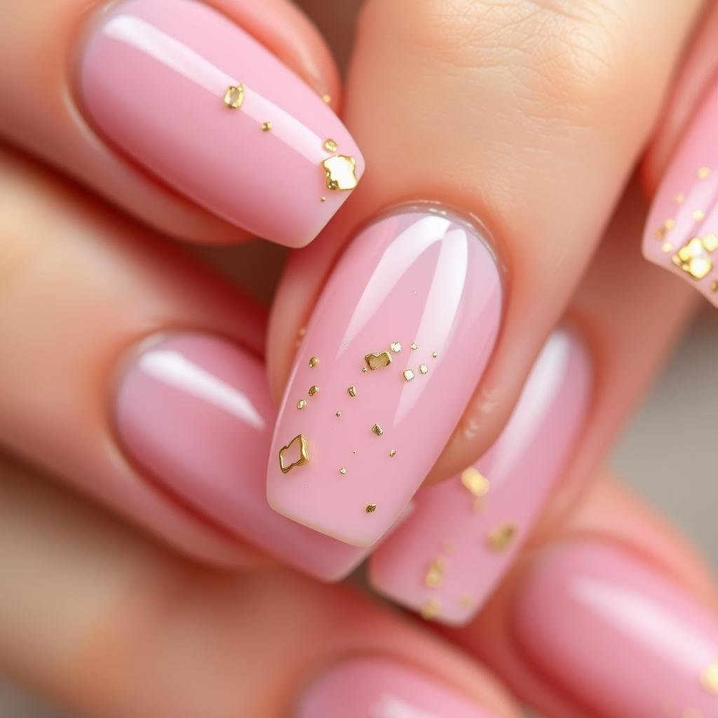 Tiny gold flakes on natural pink acrylic nails