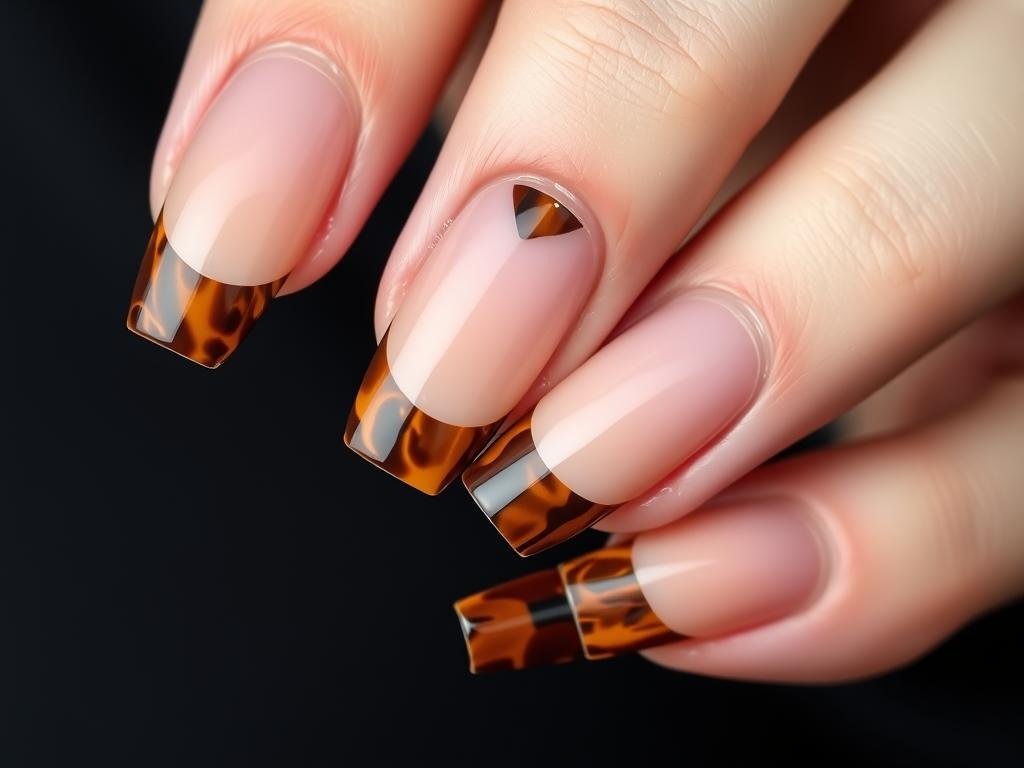 Tortoiseshell french tip acrylic nails with design