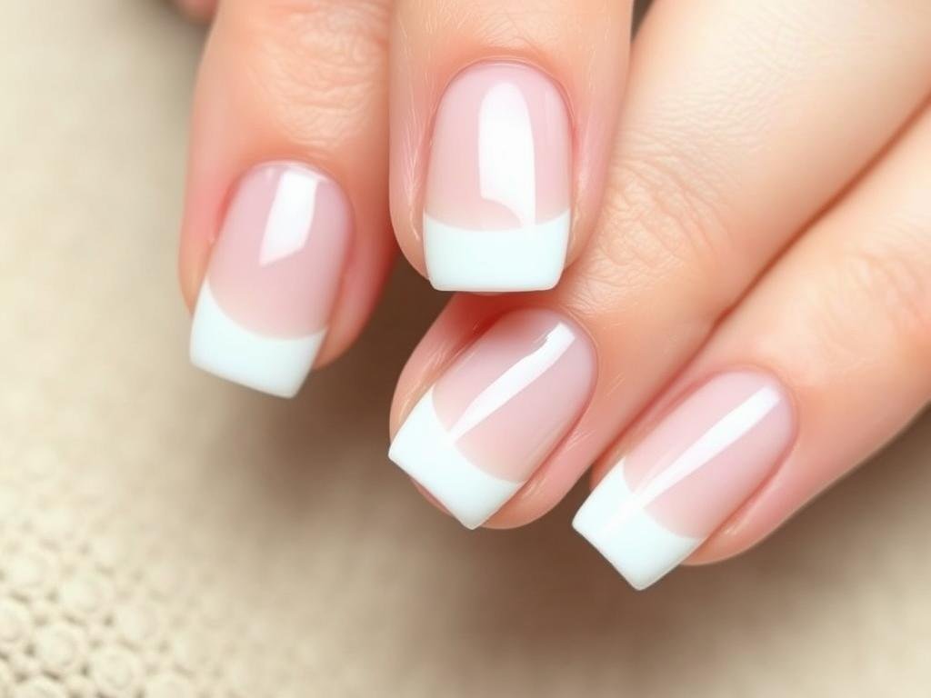 Traditional short french tip acrylic nails with white tips on nude base