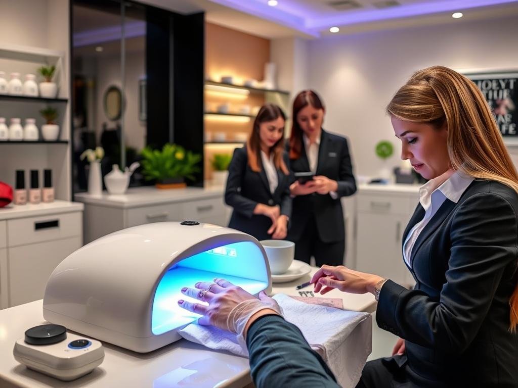 UV/LED nail lamp being used to cure gel polish on duck nails acrylic