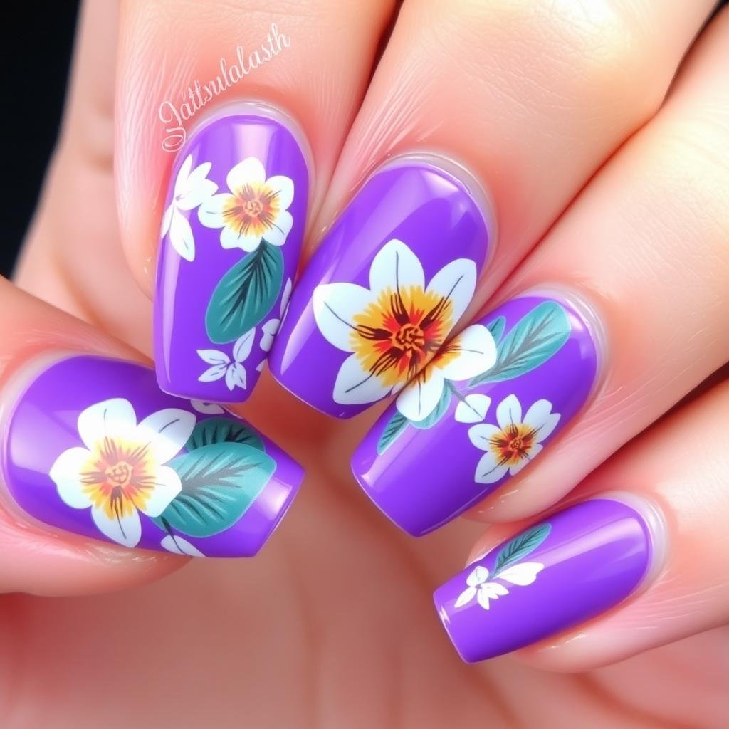 Vacation-ready purple acrylic nails with tropical design