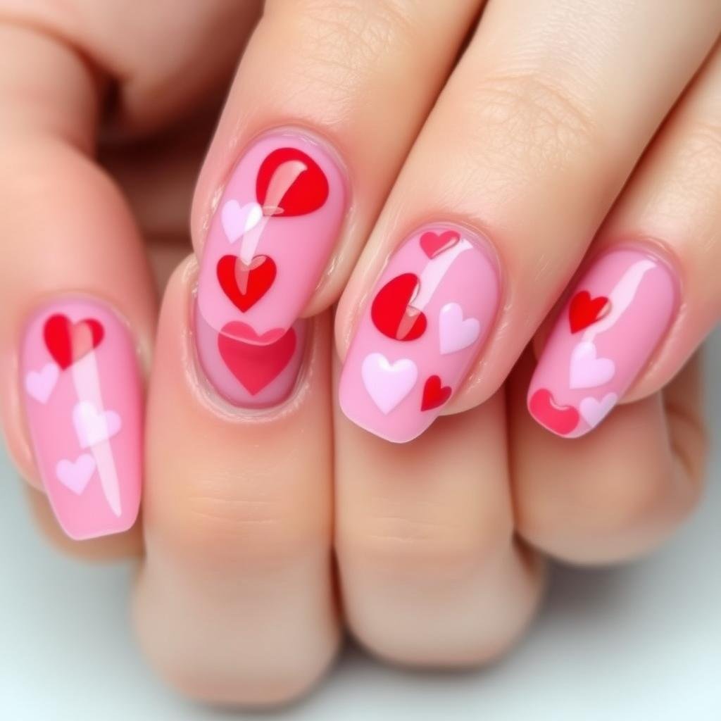 Valentine's Day pink acrylic nails with heart designs