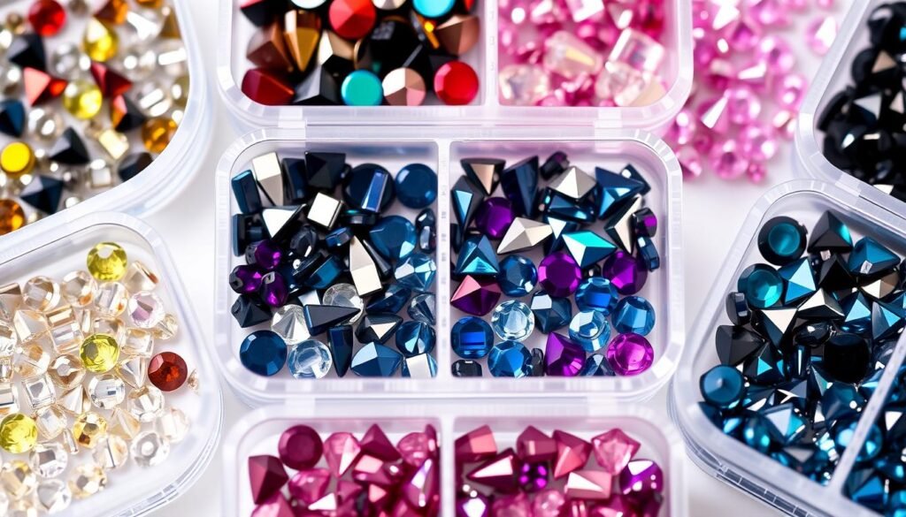 Variety of nail rhinestones in different sizes, colors and styles