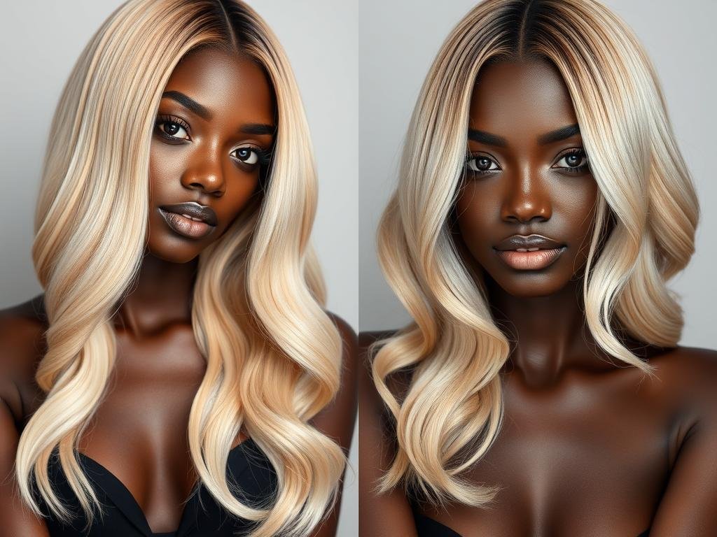 Various blonde wig color swatches against dark skin showing complementary shades