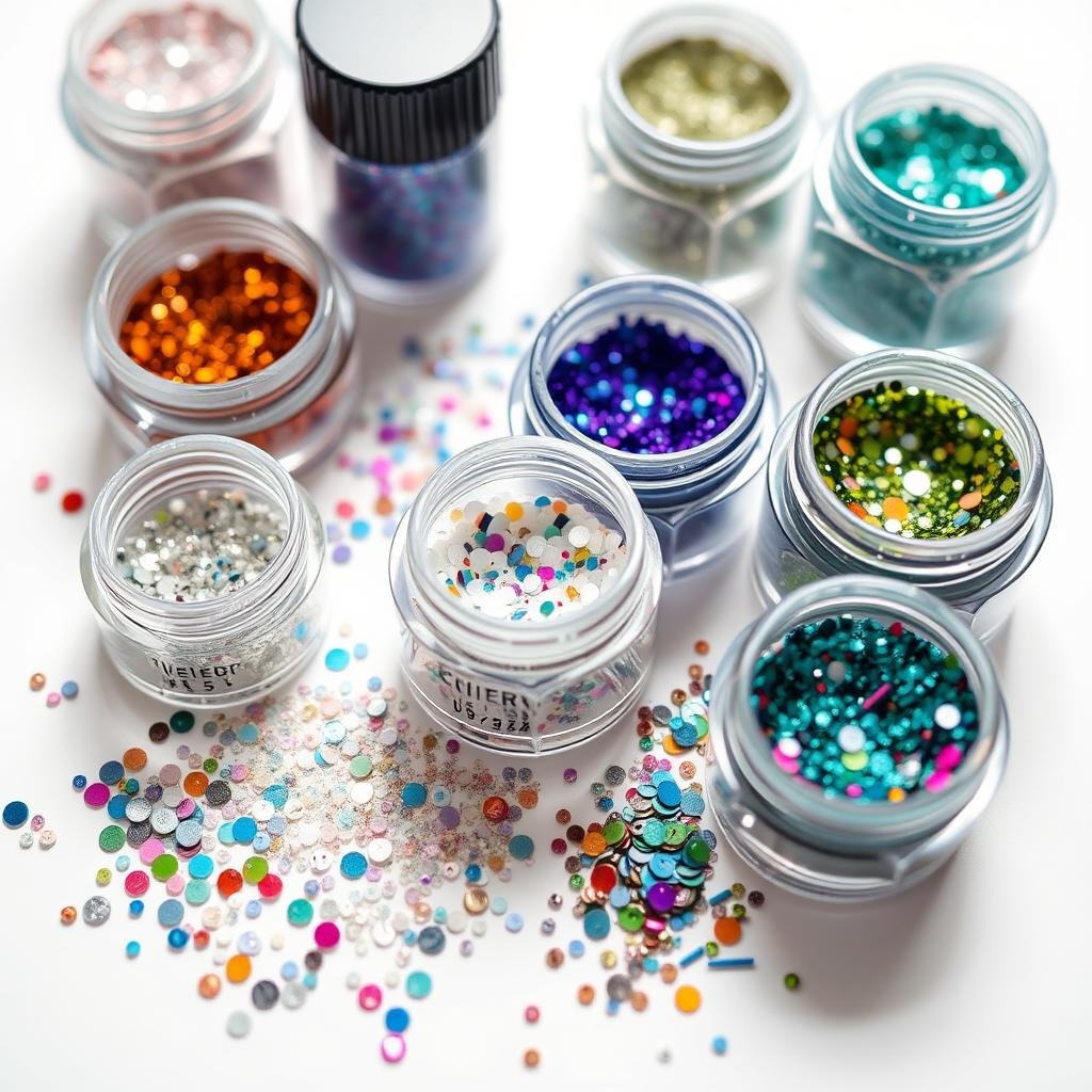 Various nail art glitters and embellishments for clear acrylic nails Various nail art glitters and embellishments for clear acrylic nails