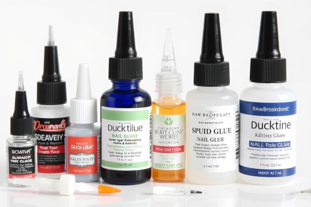 Various nail glues and adhesives for securing duck nail tips and embellishments