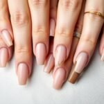 Various nude acrylic nail designs showcasing different shapes and finishes from glossy to matte
