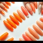Various orange acrylic nail designs showcasing different styles from neon to pastel orange