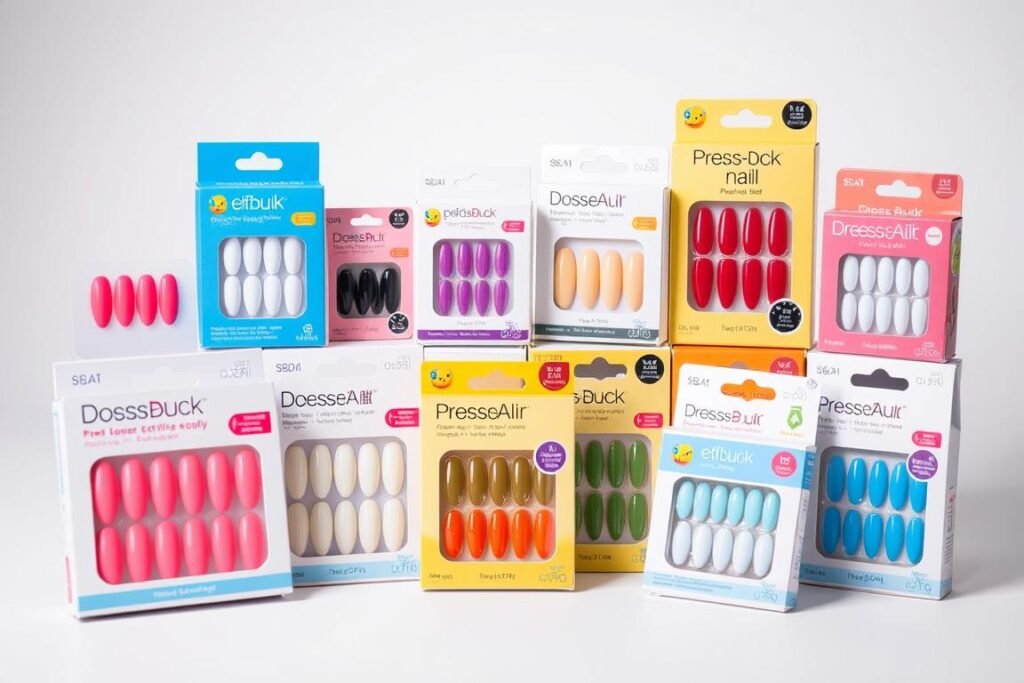 Various press-on duck nails acrylic sets with different designs and packaging