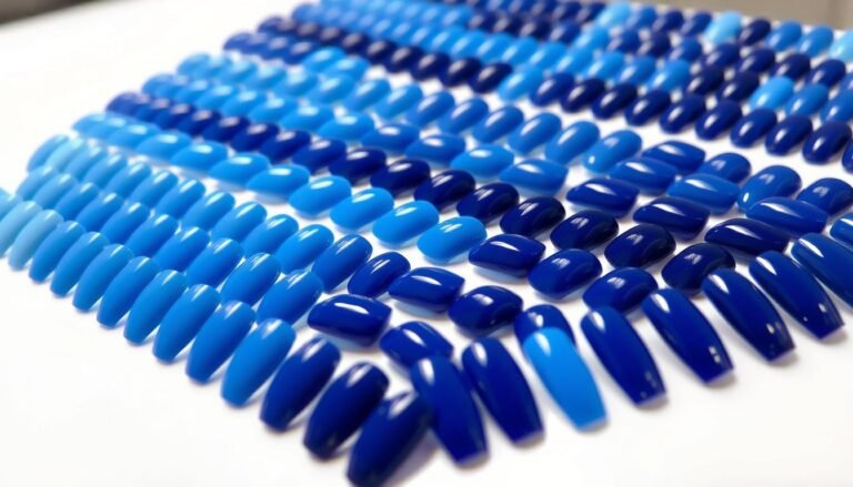 Various shades of blue acrylic nails displayed in a color spectrum from light to dark