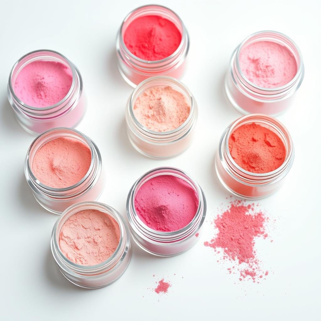 Various shades of pink acrylic powders in containers