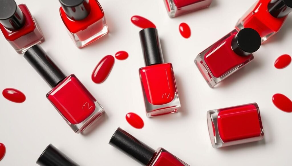 Various shades of red nail polish bottles arranged on a white surface