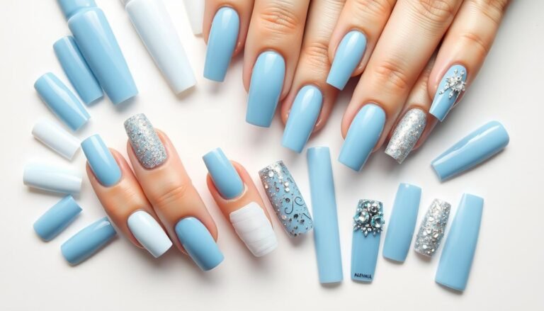 Various styles of baby blue acrylic nails showcasing different designs and lengths