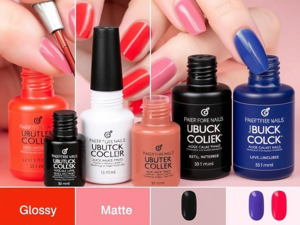 Various top coats for different finishes on duck nails acrylic