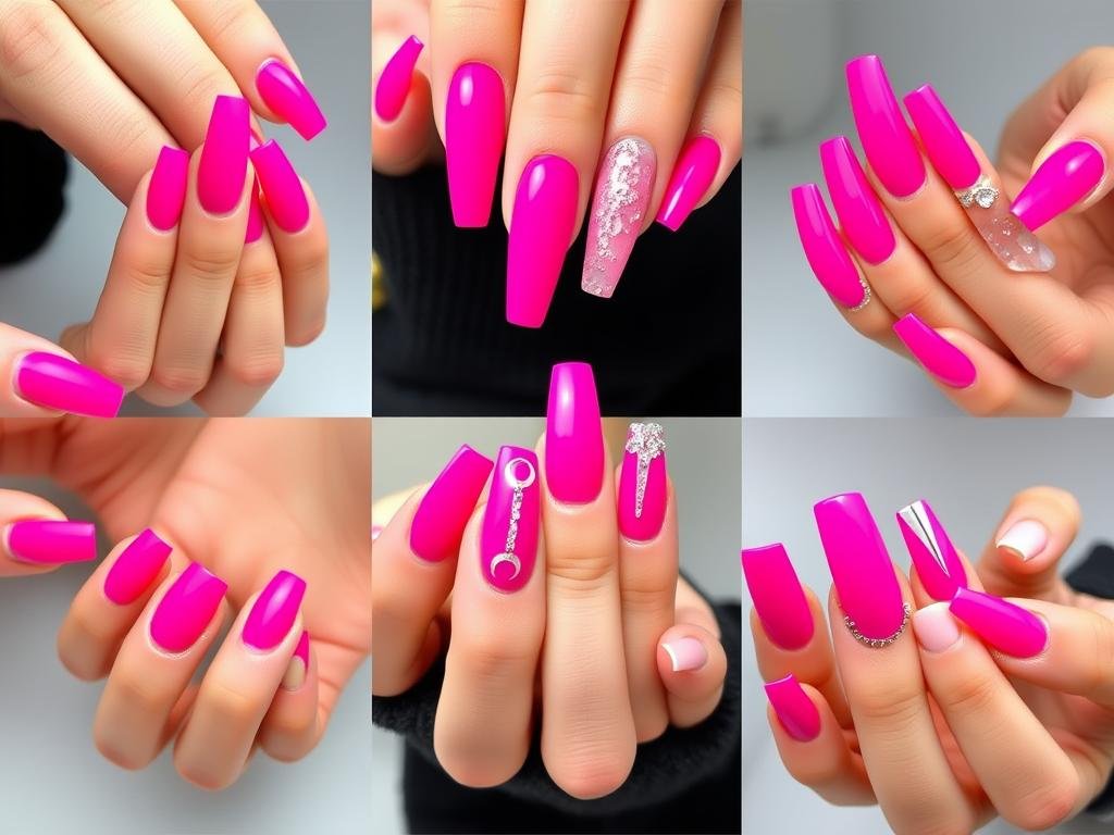 Vibrant hot pink acrylic nails in various designs and shapes