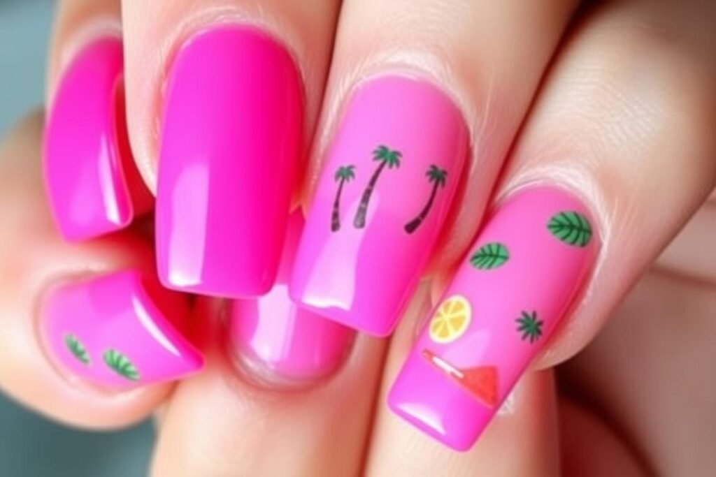 Vibrant hot pink square acrylic nails for summer