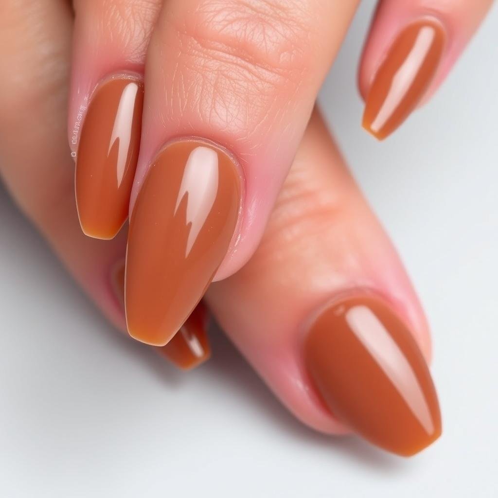 Warm caramel brown acrylic nails in almond shape