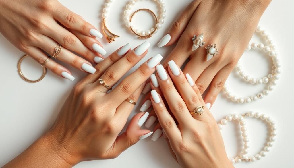 White acrylic nails paired with various jewelry styles