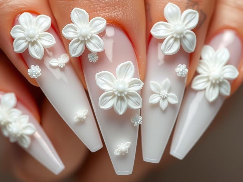 White acrylic nails with 3D floral embellishments