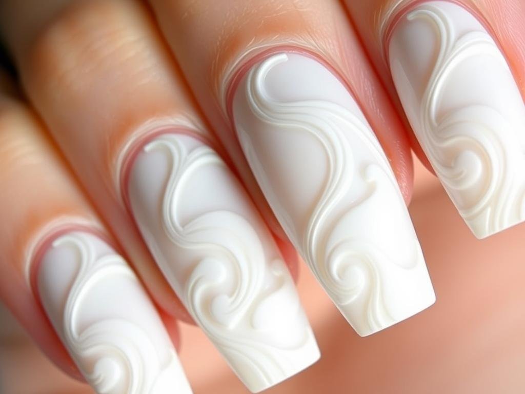 White acrylic nails with abstract swirl designs