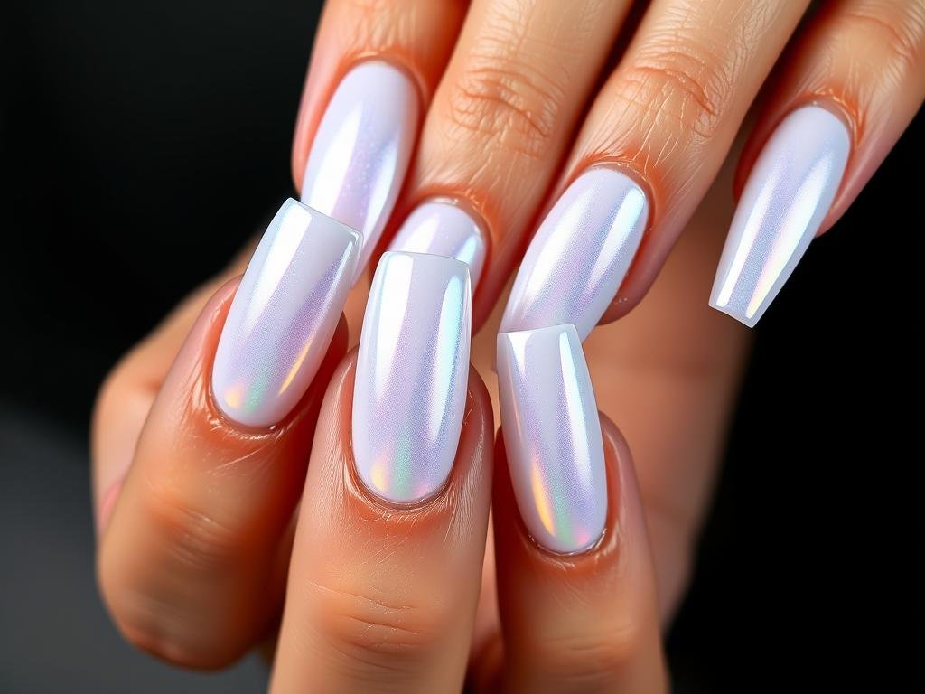White acrylic nails with chrome or metallic finish